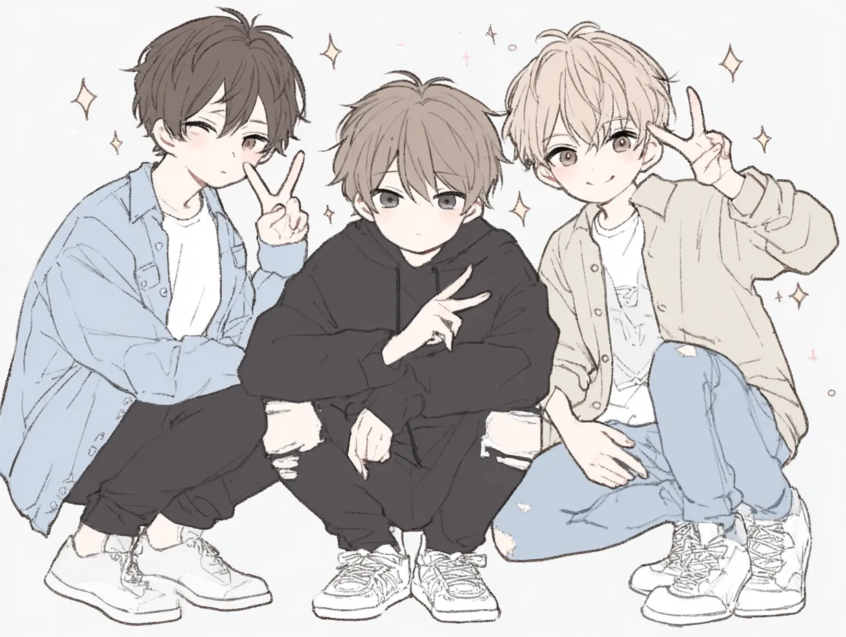 ポーズきめる男子の3人ペア画｜それぞれピースをきめたカジュアル服の男子3人が並ぶ3人ペア画。淡色でまとまった色合いとシンプルな構図が、今っぽく自然体な魅力を引き立てている。