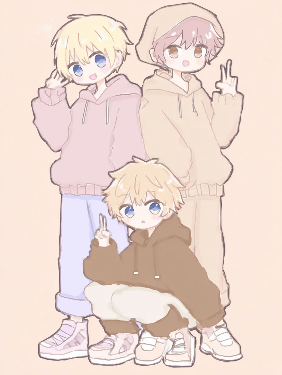 パステルタッチの3人ペア画｜ふわっとした色彩とやわらかな線で描かれた3人ペア画。ピースサインをする姿とあたたかな背景色が、やさしさと明るさを同時に感じさせる構成になっている。