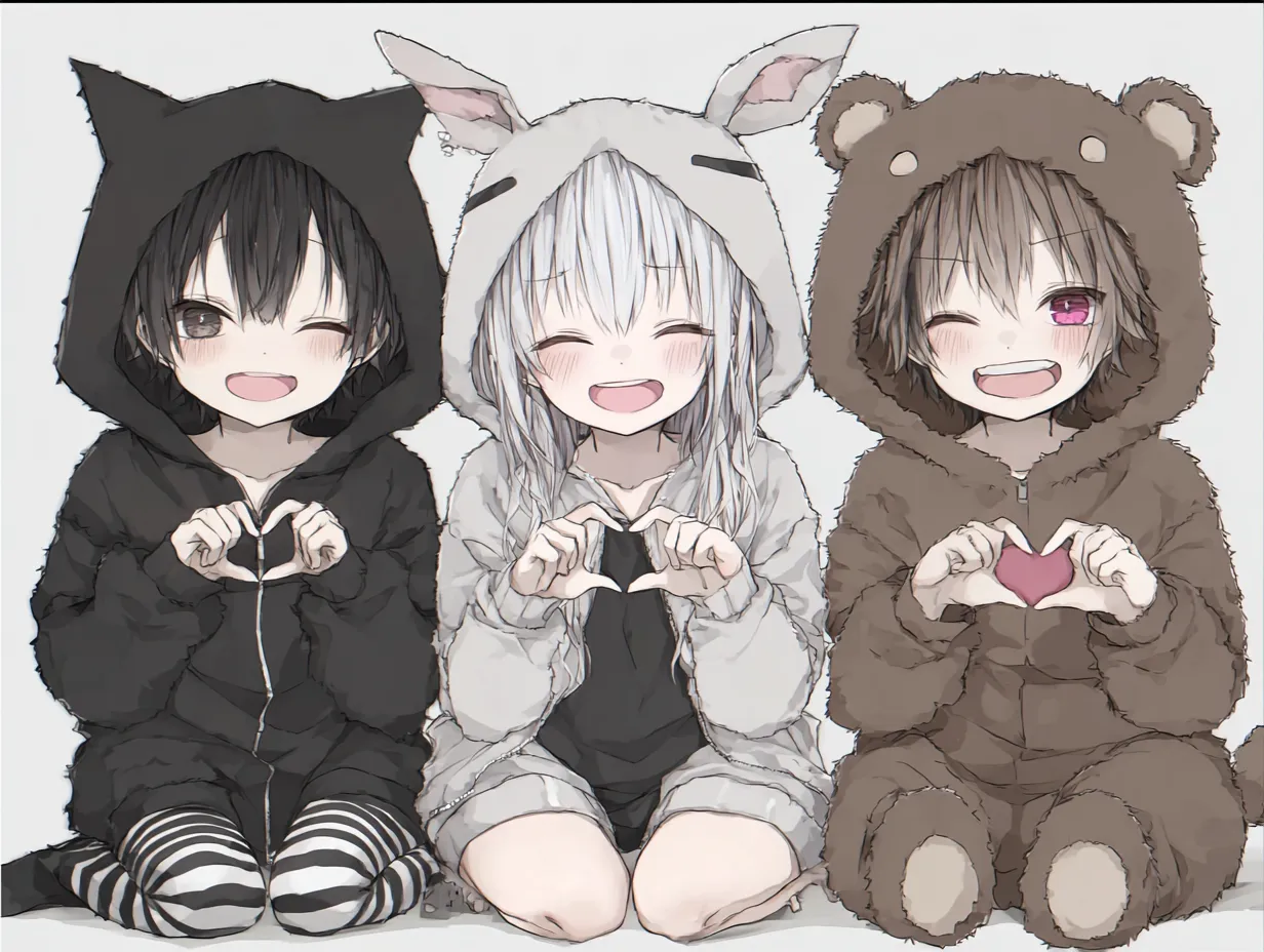 アニマルパーカーの3人ペア画｜猫・うさぎ・くまの着ぐるみパーカーをまとった3人が並ぶ可愛らしい3人ペア画。ぬいぐるみのような質感とにっこり笑顔が、心温まる癒しの雰囲気を演出している。