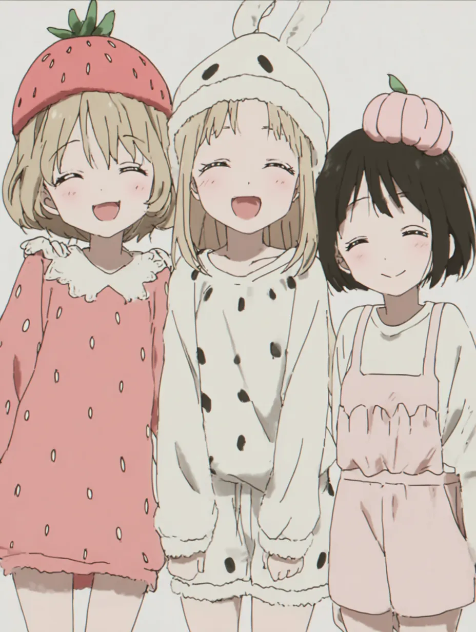 フルーツ帽子の3人ペア画｜いちご・うさぎ・かぼちゃの帽子をかぶったキュートな装いが印象的な3人ペア画。柔らかな線と自然な笑顔が、安心感と仲良し感をほのぼのと伝えてくれる。