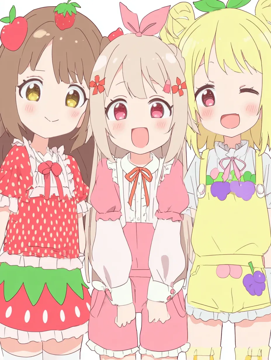 フルーツ衣装の3人ペア画｜ポップでカラフルな服装が目を引く、元気いっぱいの3人ペア画。デフォルメ感のある大きな目とフリル衣装が、楽しさとにぎやかさをストレートに表現している。