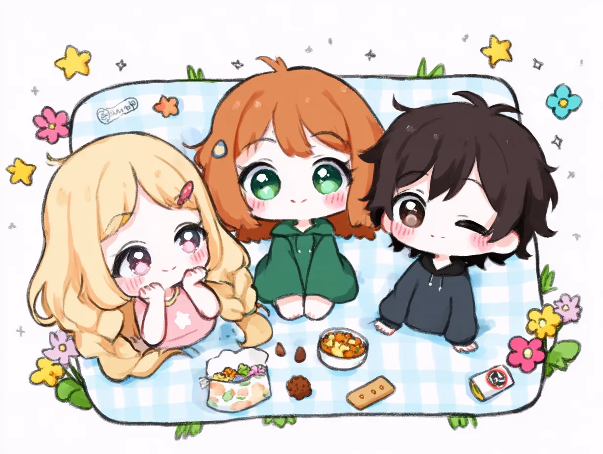 ピクニック中の3人ペア画｜芝生の上でごはんを囲む3人のチビキャラが描かれた3人ペア画。明るくかわいらしいデフォルメスタイルが、遊び心とあたたかさに満ちた世界観を生み出している。