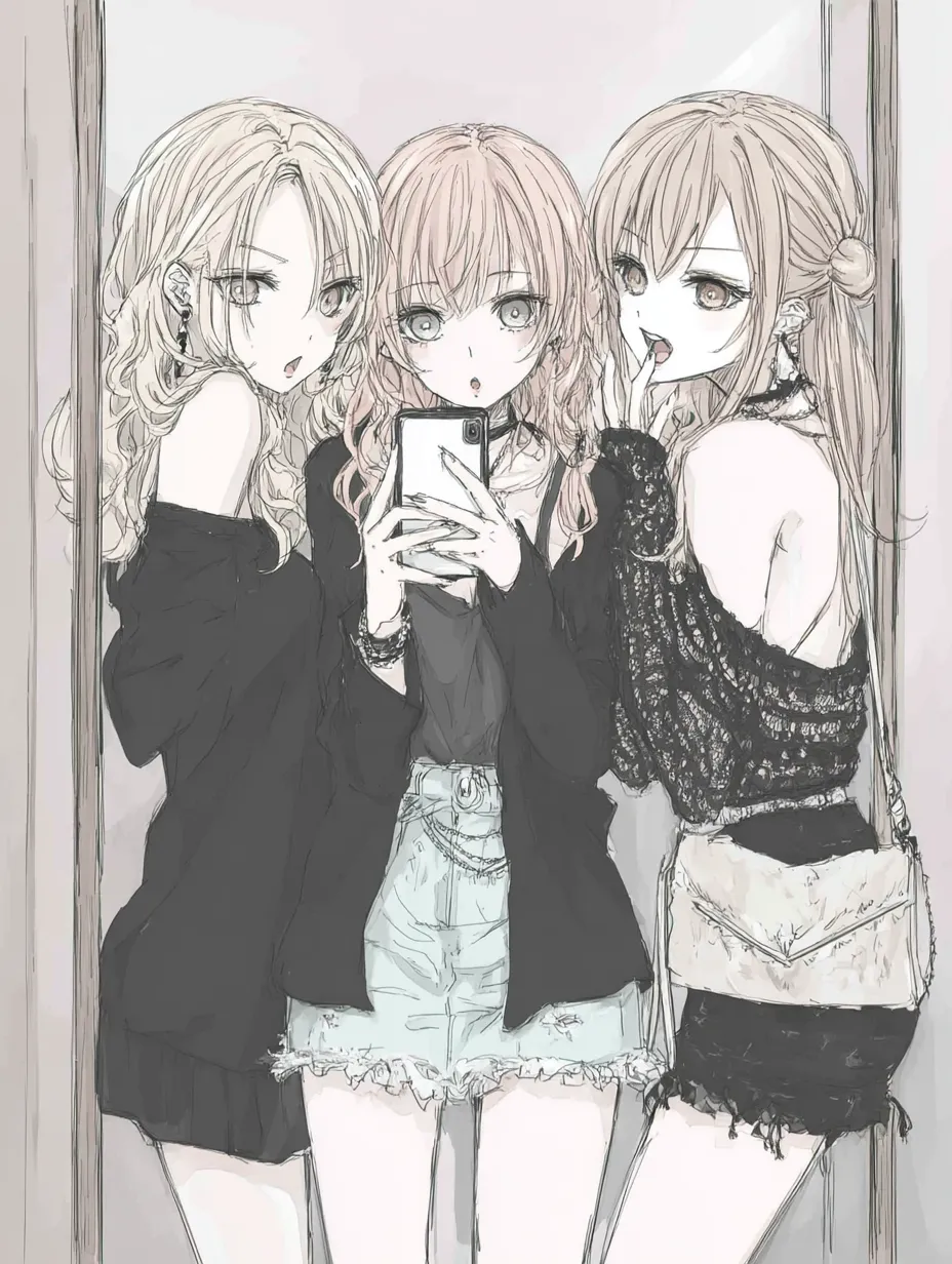 鏡越し自撮りの3人ペア画｜黒を基調としたコーデで揃えた3人の女子が、鏡越しにポーズをとるスタイリッシュな3人ペア画。クール系の服装と繊細な線画が、大人っぽく洗練された印象を与える。