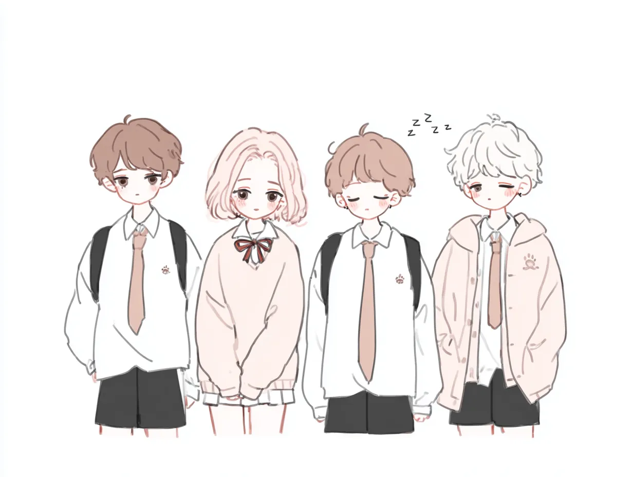 4人ペア画の学生制服イラスト｜淡い色調で描かれた学生風の4人が並ぶ構図が印象的な4人ペア画。控えめな色づかいとゆるやかな線が、落ち着いた日常感ややさしい空気を演出しています。