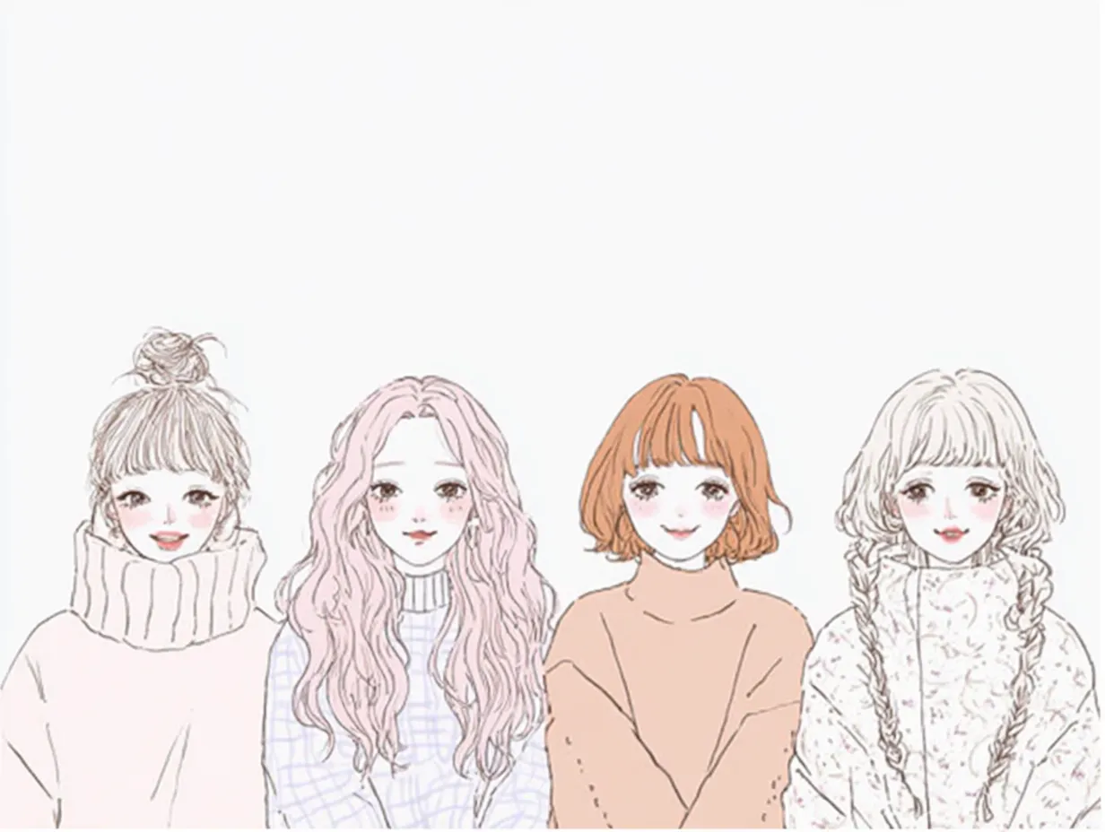 4人ペア画のふんわりガーリーな女の子たち｜ゆるふわな髪型とやわらかなトーンが特徴的な4人ペア画。ニットやチェック柄など異なるテクスチャが調和し、やさしい温もりを感じさせる一枚です。