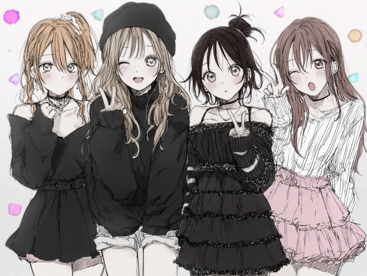 4人ペア画のガーリースタイル女子｜現代的でおしゃれなファッションに身を包んだ女の子たちの4人ペア画。黒を基調にしたスタイルとピンク系の差し色が、洗練された華やかさを引き立てています。