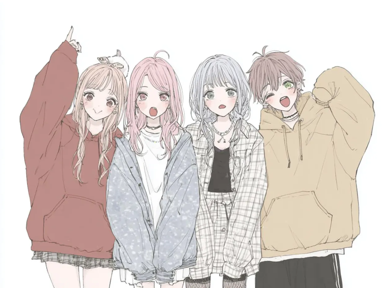4人ペア画のゆるカジュアルコーデ｜くすみカラーのパーカーやチェック柄をまとった4人が並ぶ4人ペア画。明るく開放的な表情と、ゆるっとしたカジュアルコーデが親しみやすい印象を与えてくれます。