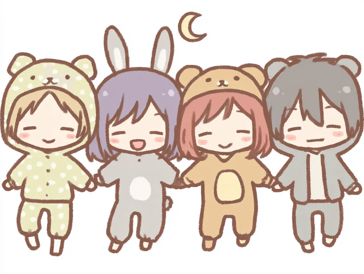 4人ペア画の動物パジャマ姿｜くまやうさぎの着ぐるみを着たキャラクターたちが手をつないで微笑む、ふんわりしたタッチの4人ペア画。パステルカラーとまるいラインが安心感を漂わせています。