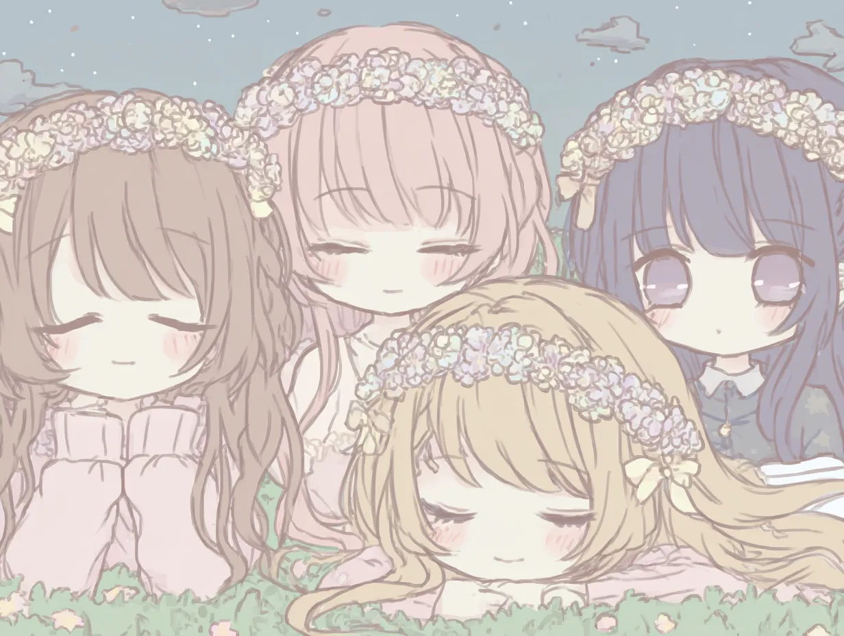 4人ペア画の花かんむり少女たち｜優しい色彩で描かれた少女たちが花かんむりをつけて眠る幻想的な4人ペア画。繊細な筆致と夢見るような表情が、静かな幸福感を生み出しています。