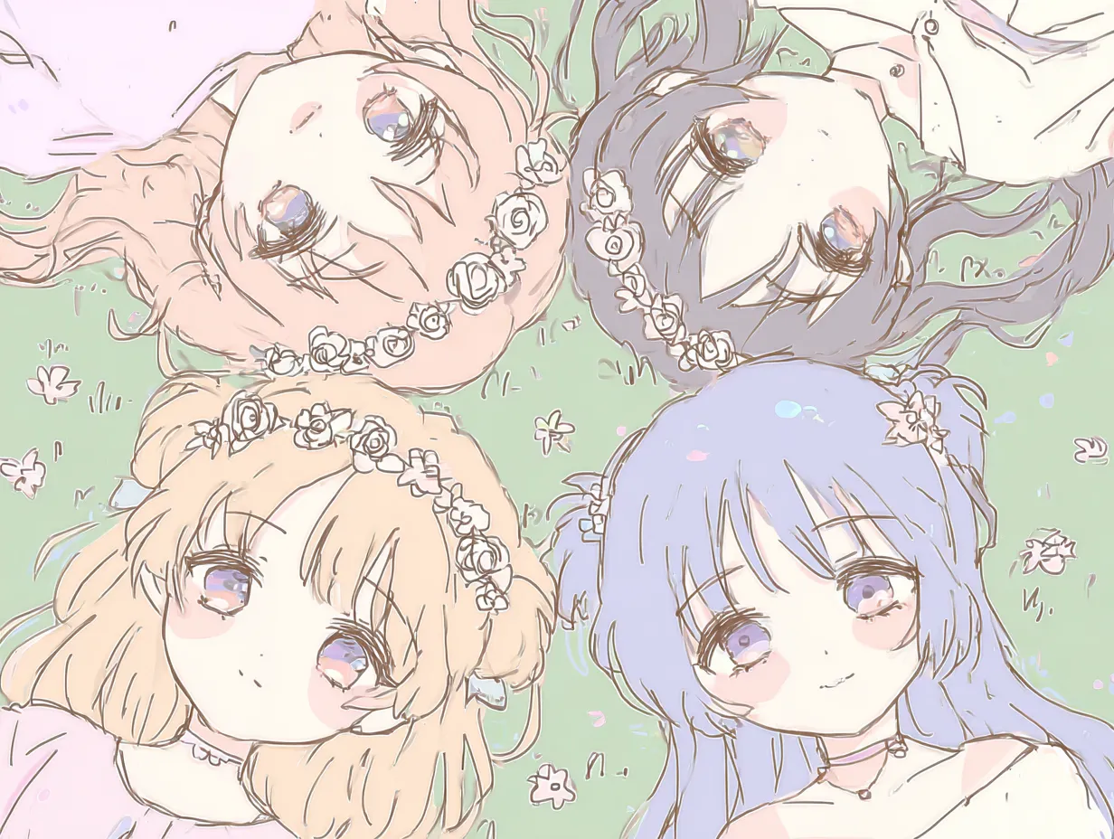 4人ペア画の寝転ぶ少女たち｜草原に輪になって寝転ぶ少女たちを描いた4人ペア画。花の冠や淡い彩色が春風のような軽やかさを感じさせる、柔らかでロマンティックな作品です。