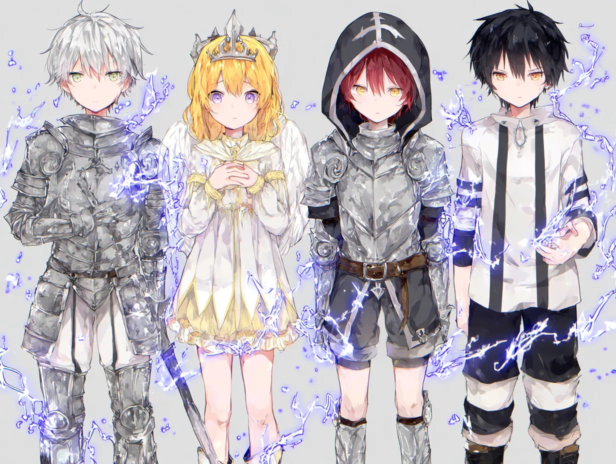 4人ペア画のファンタジー戦士たち｜鎧と魔力が際立つ4人が並ぶ、緻密な筆致の4人ペア画。雷光の演出が幻想世界の緊張感を演出し、RPGのワンシーンのようなドラマ性に満ちています。
