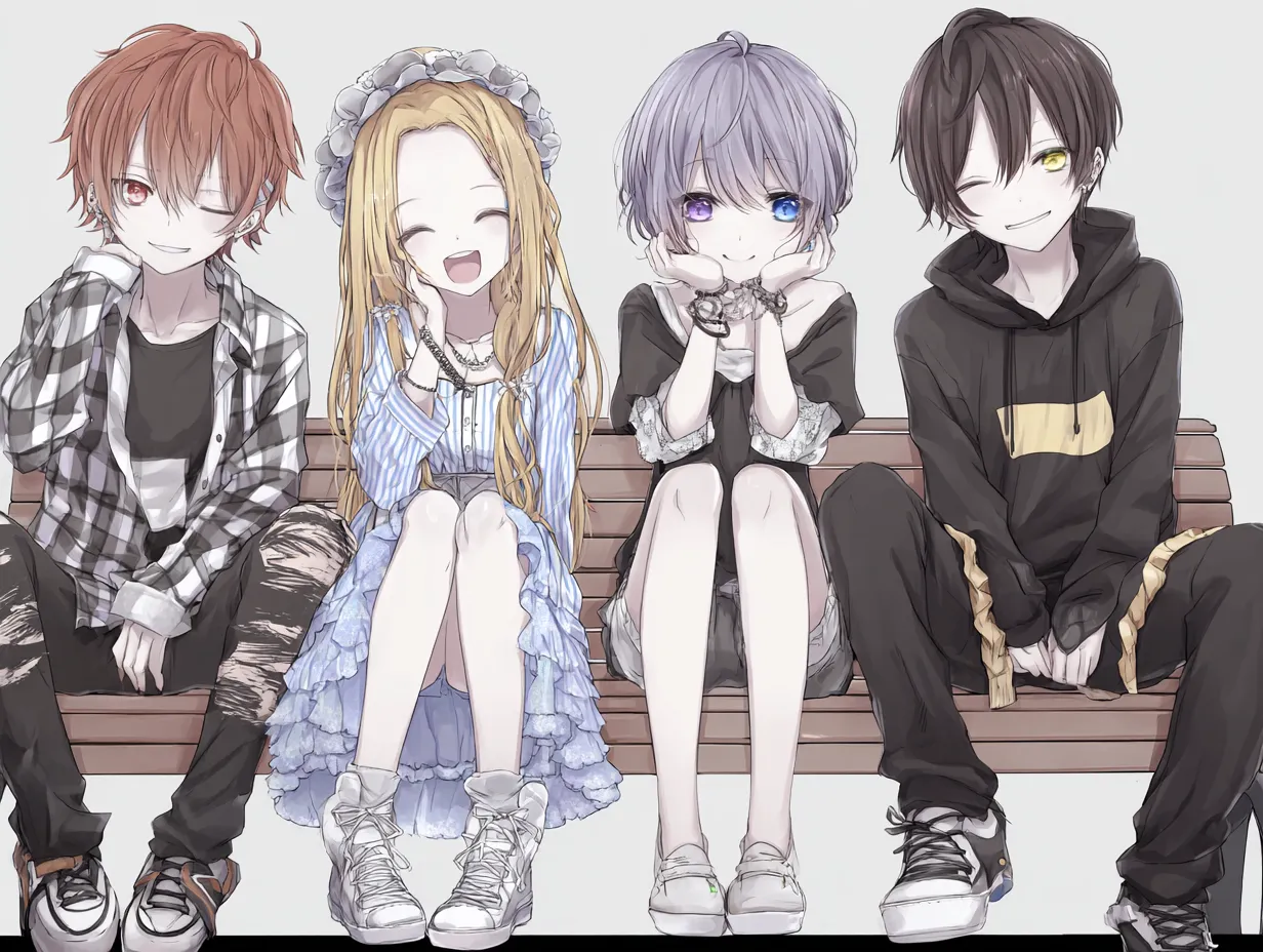 4人ペア画のベンチの仲良し4人組｜ベンチに座る個性的な服装の4人が微笑む4人ペア画。キャラごとの目の色や表情が魅力的に描かれ、現代的でおしゃれな青春のひとときを感じさせます。