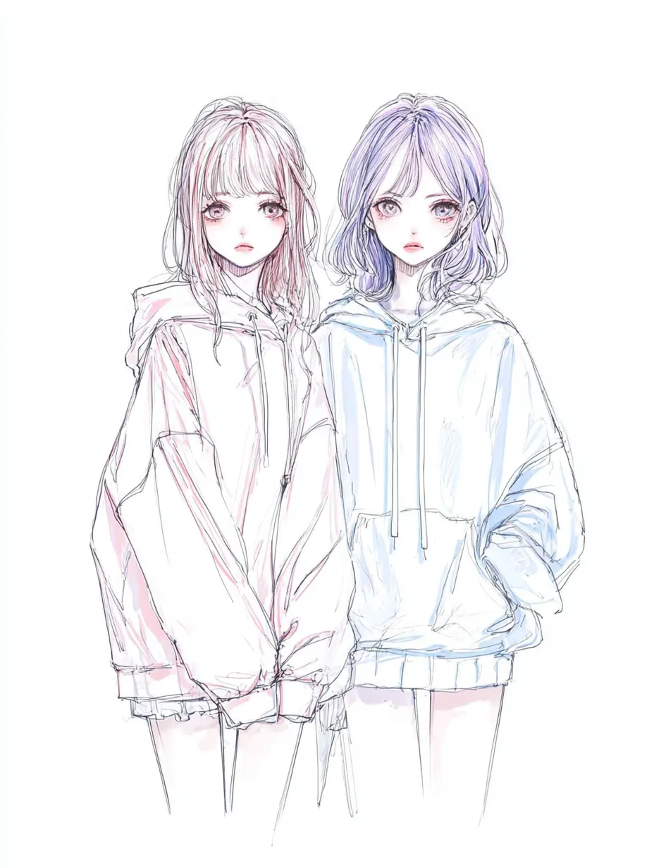 友達2人シンプルペア画の淡彩パーカーガール｜ラフな線と水彩タッチで描かれた2人の女の子が印象的な友達2人シンプルペア画。無駄のない構成と繊細な色使いが、透明感のある静けさを醸し出しています。