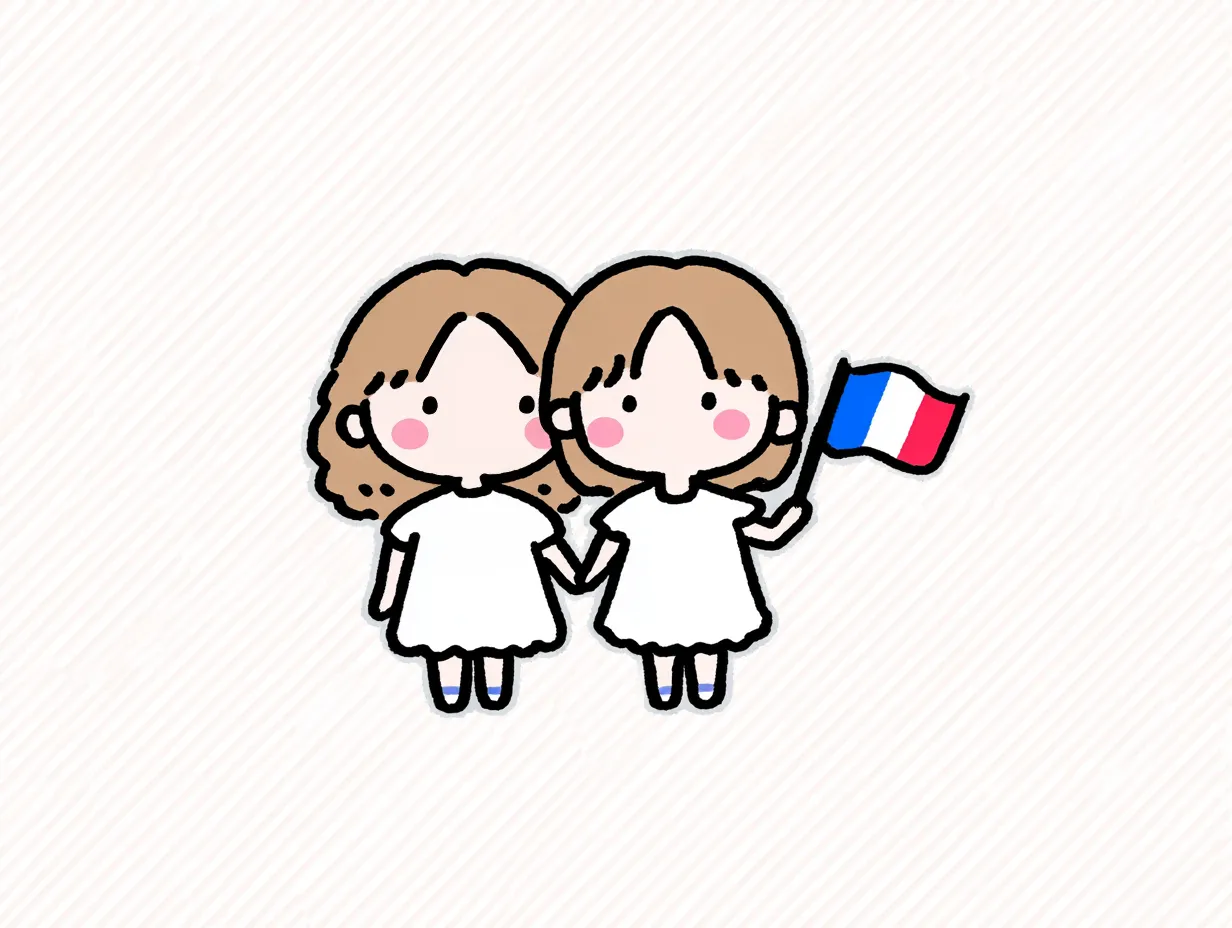 友達2人シンプルペア画のフランス応援ガール｜手をつなぎ国旗を掲げる女の子たちをデフォルメで表現した友達2人シンプルペア画。太めの線と丸いフォルムが、ほのぼのとした親しみを感じさせます。
