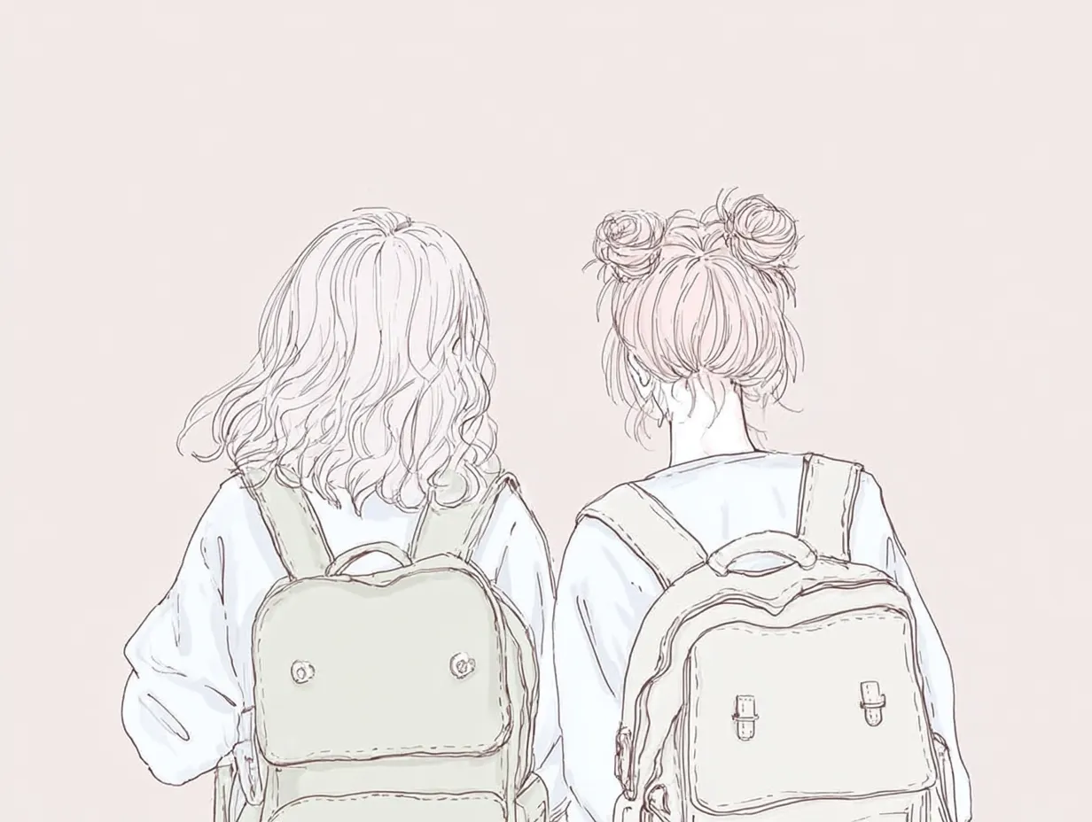友達2人シンプルペア画の後ろ姿ガール｜淡い色調と繊細な線画で描かれたバックパック姿の2人が並ぶ友達2人シンプルペア画。後ろ姿のみという構図が、物語性や感情の余白を生み出しています。