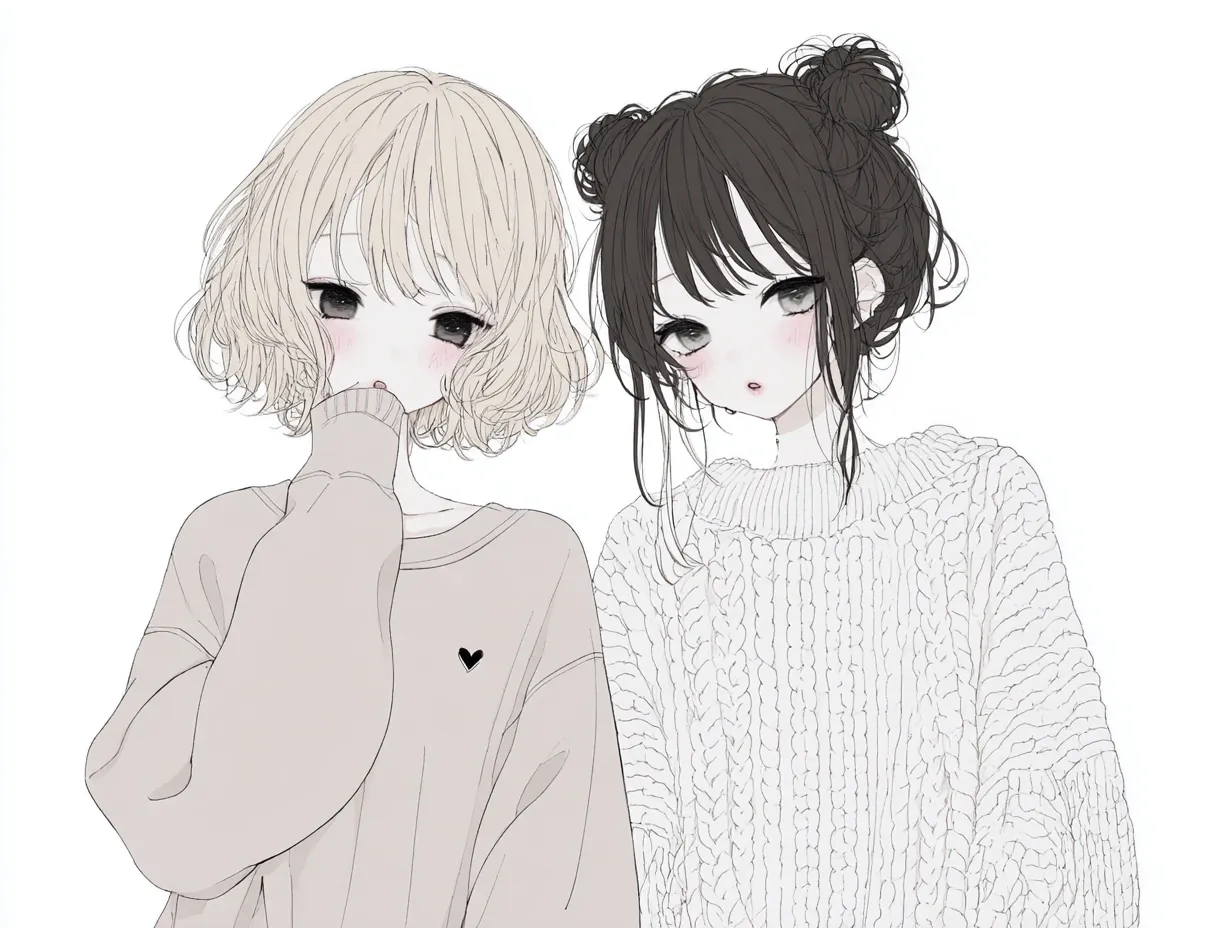 おしゃれペア画・くすみスウェット姉妹｜くすみベージュ系のスウェットにゆるく揺れる髪。繊細な線と大きな黒目が儚さを演出し、おしゃれペア画としてアンニュイな雰囲気がじんわり心に残ります。