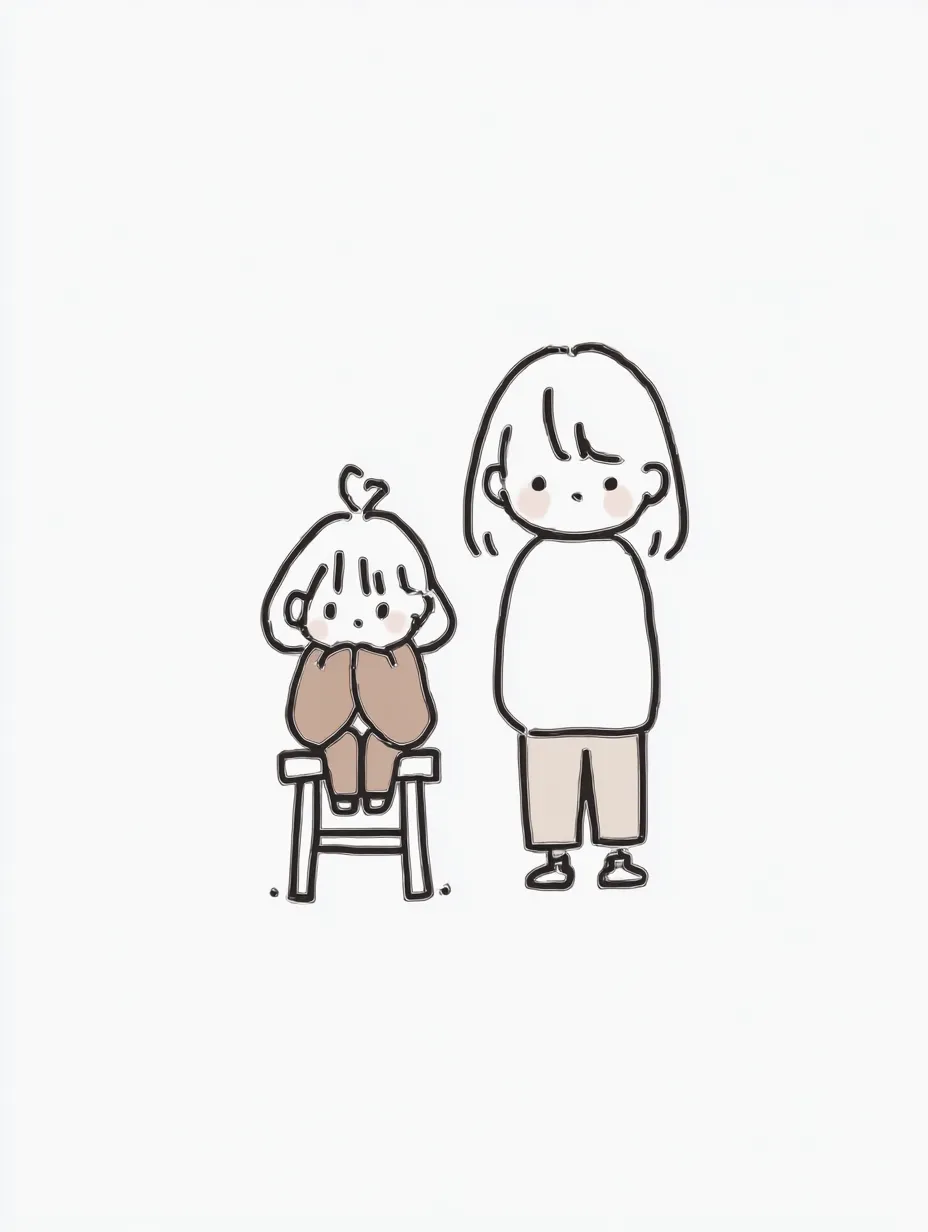 友達2人シンプルペア画のちょこん座り｜椅子にちょこんと座る子と立って寄り添う子の組み合わせが愛らしい友達2人シンプルペア画。やわらかな線とブラウン系の配色がほっとする印象を与えます。
