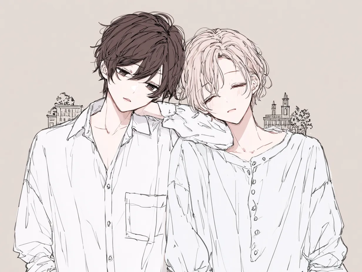 おしゃれペア画・シャツ男子の午後モード｜ゆったりとした白シャツに柔らかな表情を浮かべる2人の男子。背景に都市のスケッチを重ねた淡いトーンが印象的で、おしゃれペア画として落ち着いた余韻を残します。