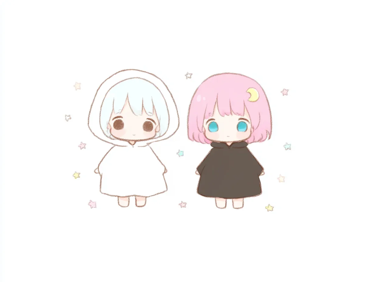 キャラクターペア画ゆめかわふたご｜淡い水色とピンクの髪に、ゆるふわシルエットのフード付きコートが特徴のふたご風キャラ。星モチーフがちりばめられ、キャラクターペア画として夢見心地な世界観をつくっている。