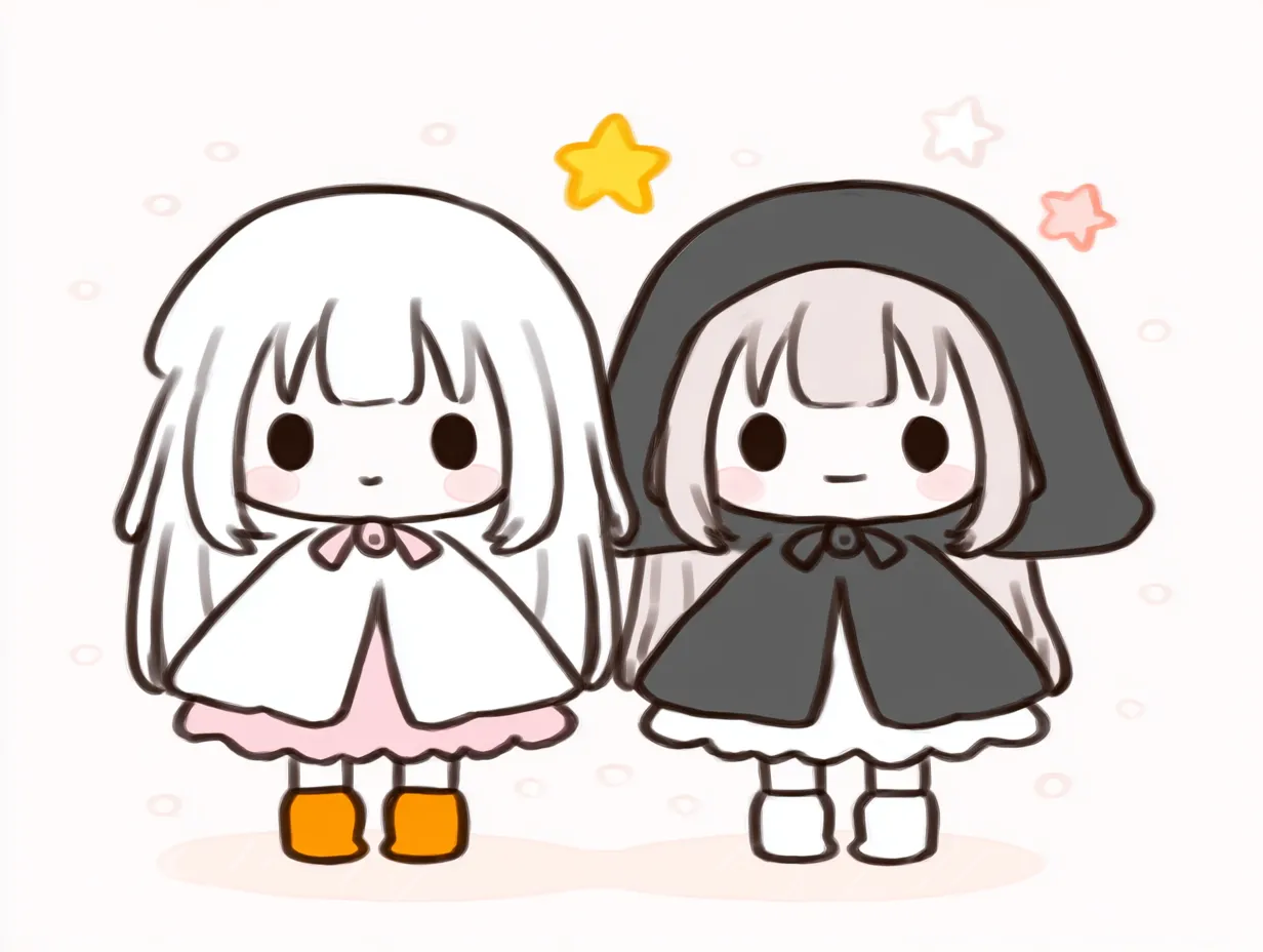 キャラクターペア画ふんわり魔女姉妹｜白と黒のマントをまとった女の子たちが並び、童話のような雰囲気に。手をつないだ姿が愛らしく、キャラクターペア画におけるほのぼの感が印象的な一枚。