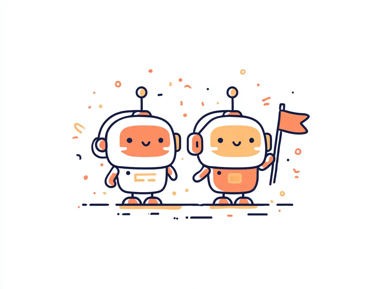 キャラクターペア画宇宙ロボコンビ｜ゆるいタッチで描かれたロボットのふたりが旗を掲げる元気な構図。オレンジと白の配色が目を引き、キャラクターペア画としてポップで楽しい空気感が広がる。