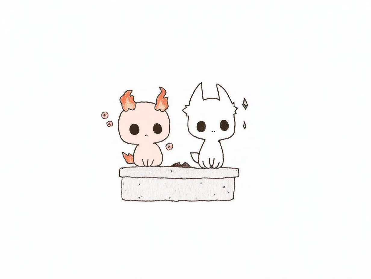 キャラクターペア画ひのたまとこおりっこ｜炎と氷をモチーフにした小さなモンスター風キャラが鉢に入って並ぶ姿がユニーク。対照的な個性が映えるキャラクターペア画で、ゆるかわで印象に残るデザイン。