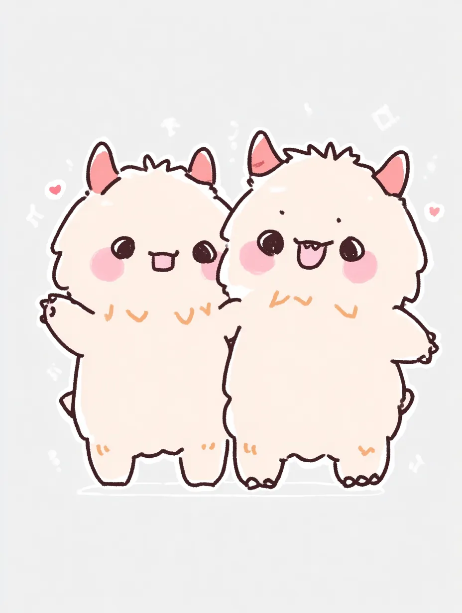 キャラクターペア画まんまるけもツインズ｜ピンクほっぺのふわもこキャラが寄り添ってにっこり。角としっぽがチャームポイントで、キャラクターペア画として癒し系とユーモアを兼ね備えた一枚に仕上がっている。