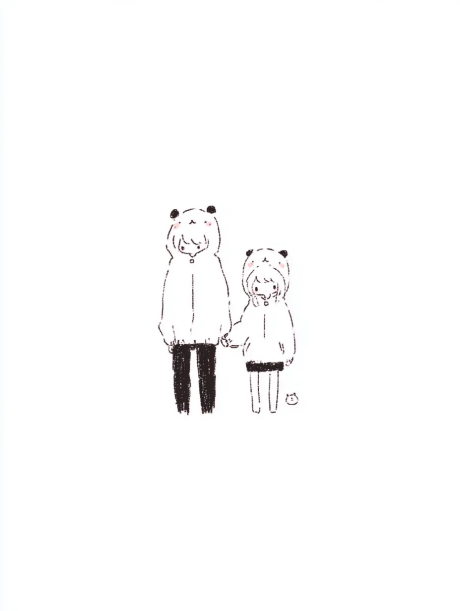 キャラクターペア画くまパーカーデート｜シンプルな線画で描かれた男女のペアが、おそろいのくま耳パーカーを着て手をつなぐ姿が印象的。小さく添えられたぬいぐるみがキャラクターペア画のやさしさを引き立てている。