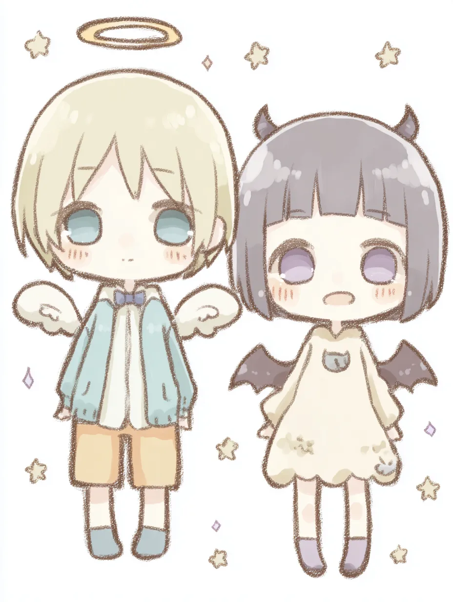 キャラクターペア画てんしとあくま｜天使の輪と悪魔の角をもつふたりが並ぶ、やさしくて儚げなタッチ。翼や服の質感まで細かく描かれ、キャラクターペア画らしい対比の魅力がふんわり伝わる構成になっている。