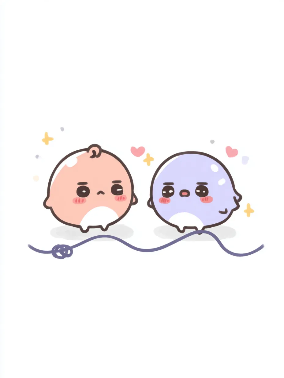 キャラクターペア画いとでつながるふたり｜ピンクと紫のまるっとしたキャラが赤い糸で結ばれた構図。シンプルな中に表情の愛らしさがにじみ、キャラクターペア画として見る人の心に寄り添うデザインになっている。