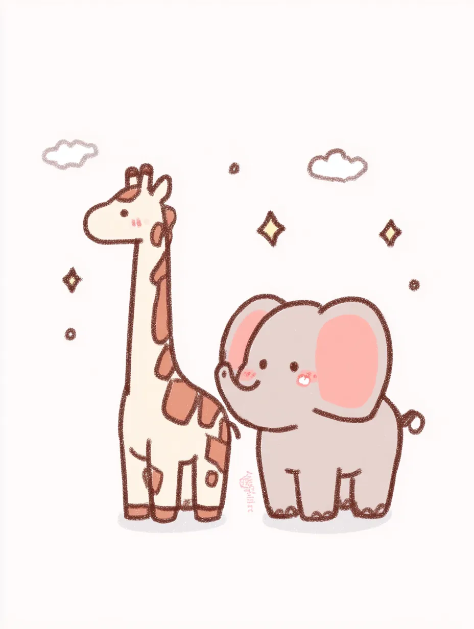 動物ペア画きりんとぞうのおともだち｜手描きのような質感とやさしいタッチが魅力的。きりんとぞうの目線や距離感が絶妙で、動物ペア画におけるほんわかした友情の雰囲気があふれている。