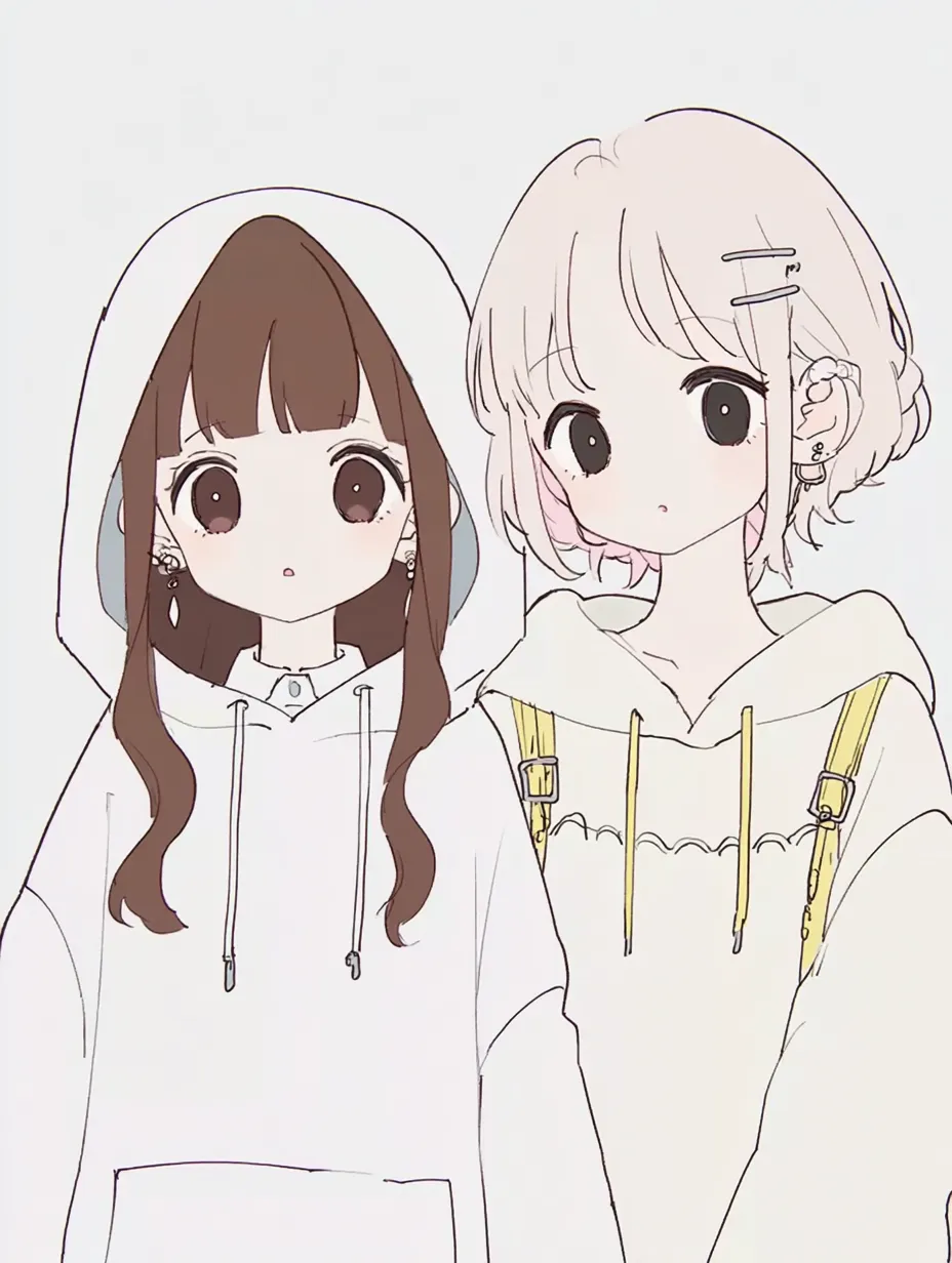 おしゃれペア画・フードガールの並びショット｜パーカーと黄色いストラップの組み合わせが視線を引く女子ペア。シンプルながらもリズム感ある線と目の描写が際立ち、おしゃれペア画としてポップで軽快な魅力を放っています。