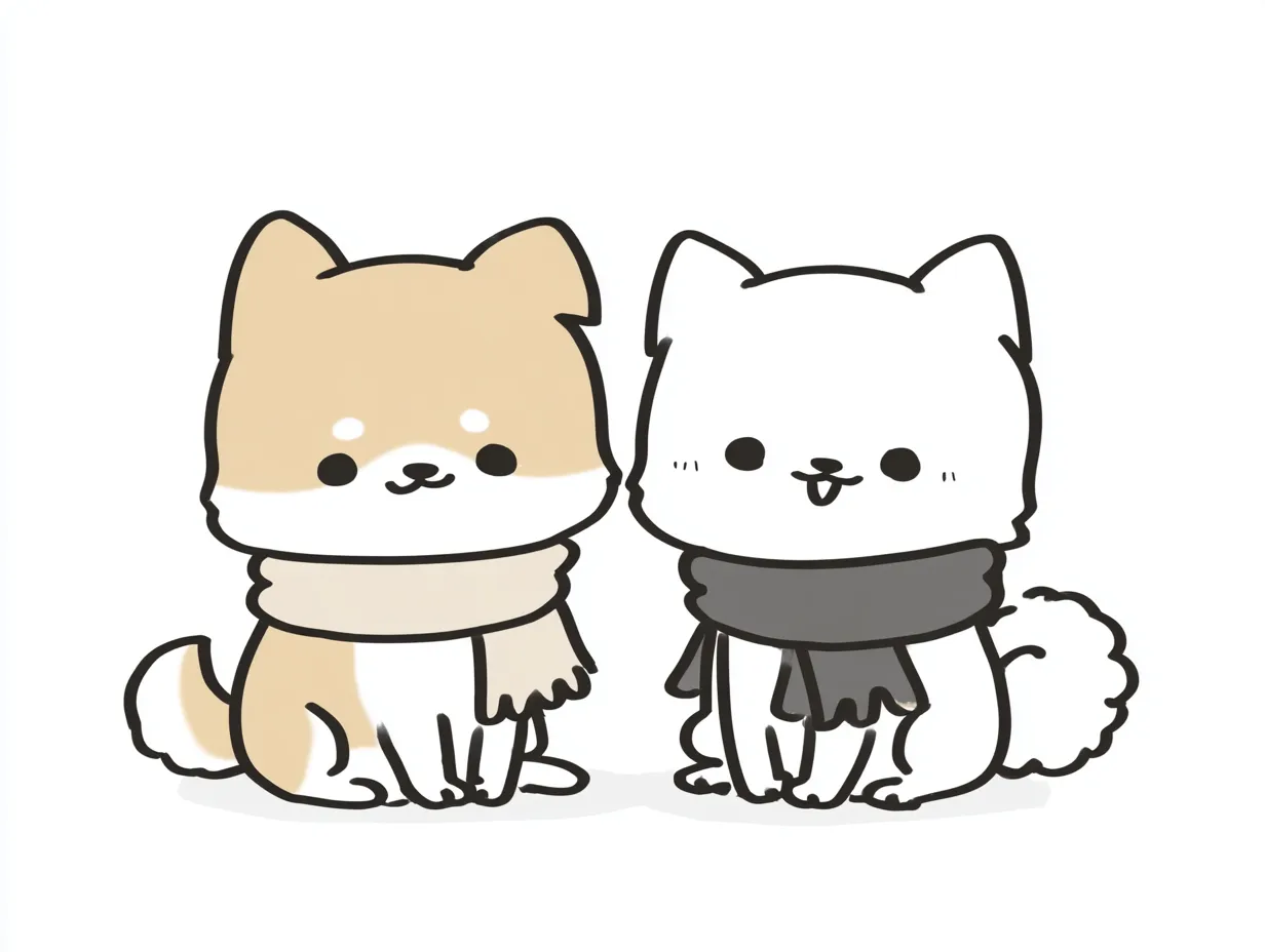 動物ペア画マフラーいぬのツーショット｜それぞれ色の違うマフラーを巻いた犬たちがちょこんと座るポーズ。太めの線とゆるい表情が特徴的で、動物ペア画として冬のかわいさを詰め込んだ作品になっている。