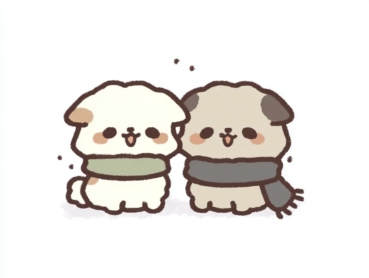 動物ペア画 ふわふわ子犬のなかよしふたり｜やわらかいタッチで描かれた子犬のペアが、くすみすぎないやさしい色合いのマフラーを巻いて並んでいます。シンプルな線と淡い影がやさしく、動物ペア画らしいぬくもりが伝わるデザインです。