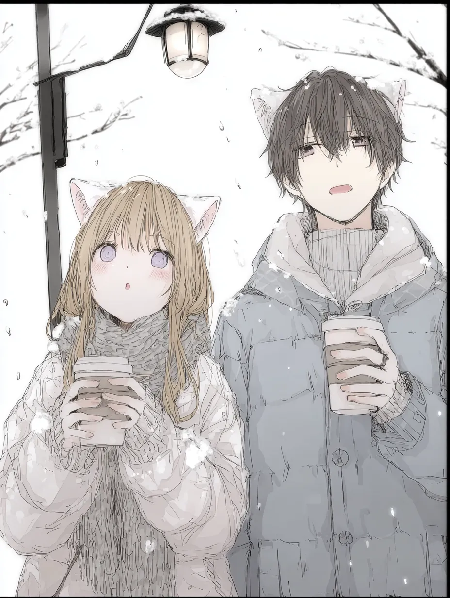 猫ペア画 雪の中の耳つきふたり｜猫耳をつけた男女が雪景色の中でホットドリンクを手にして寄り添う一枚。淡い色調と繊細な線画で、静かな冬のひとときを優しく切り取った猫ペア画として印象的な雰囲気です。