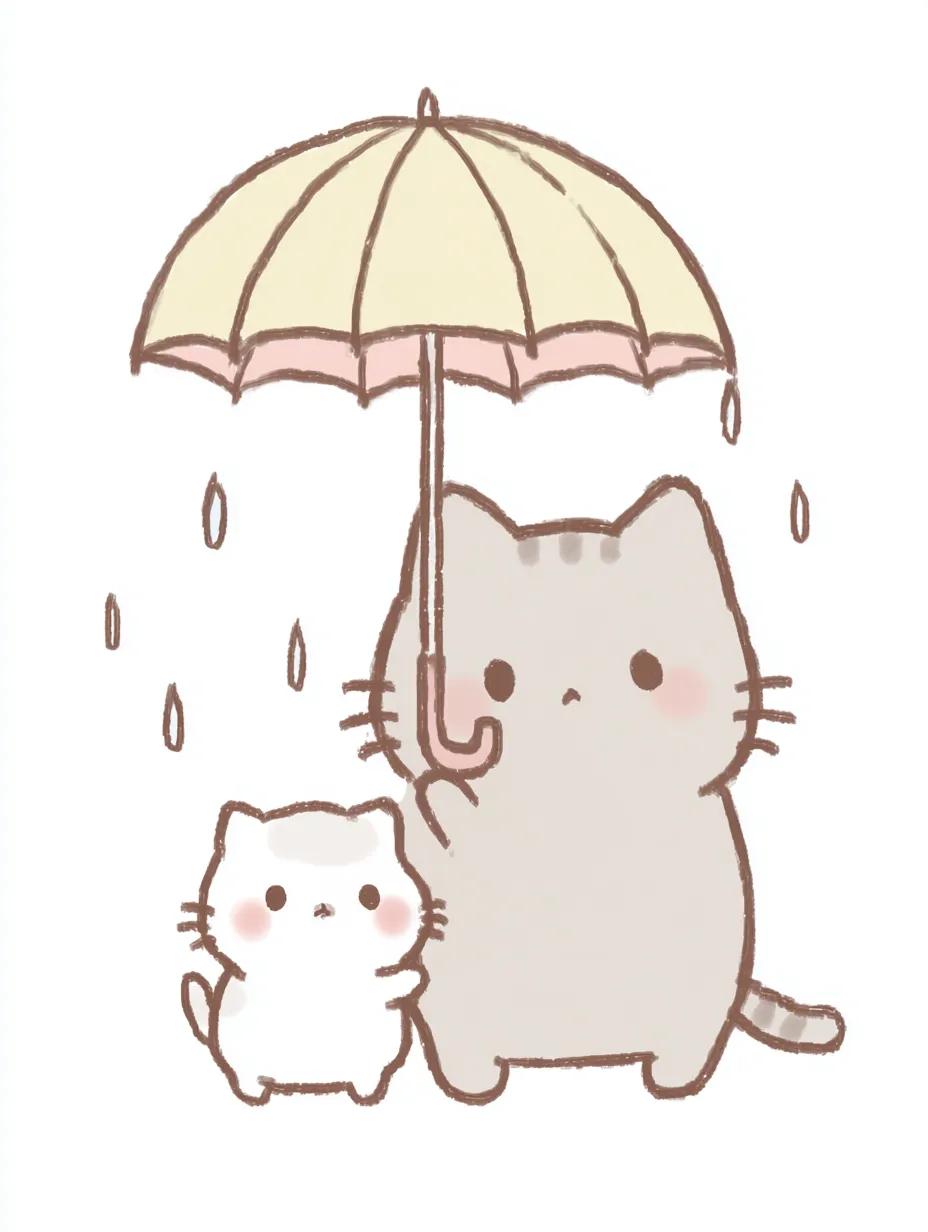 猫ペア画 あまやどりするふたご猫｜シンプルな輪郭とやわらかい配色で、傘の下で寄り添うふたご猫を描いた一枚。表情も最小限に抑えたやさしい画風で、雨の日の静けさと温もりを感じる猫ペア画です。