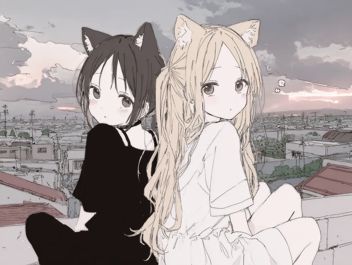 猫ペア画 夕暮れの屋上にすわる猫娘｜街の夕景を背景に、後ろ姿でこちらを見返す猫耳のふたり。落ち着いた線と淡い影が印象的で、猫ペア画として物語性と空気感が強く感じられるデザインです。