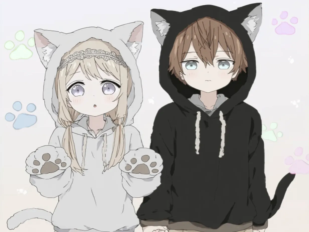 猫ペア画 パーカー猫耳の兄妹ふう｜猫耳フードをかぶった男女が無表情で並び立つ構図。背景にはカラフルな肉球モチーフがあしらわれ、フラットな色面とシンメトリー構成でまとめられた現代的な猫ペア画です。