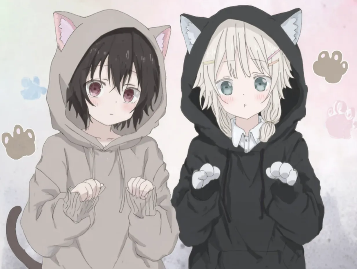 猫ペア画 ペアフードのもじもじ猫娘｜猫耳フード姿のふたりの女の子が、内向きのポーズで揃って並ぶイラスト。ほのかに色づいた背景とシンプルな肉球アイコンがアクセントになり、やさしい雰囲気の猫ペア画に仕上がっています。