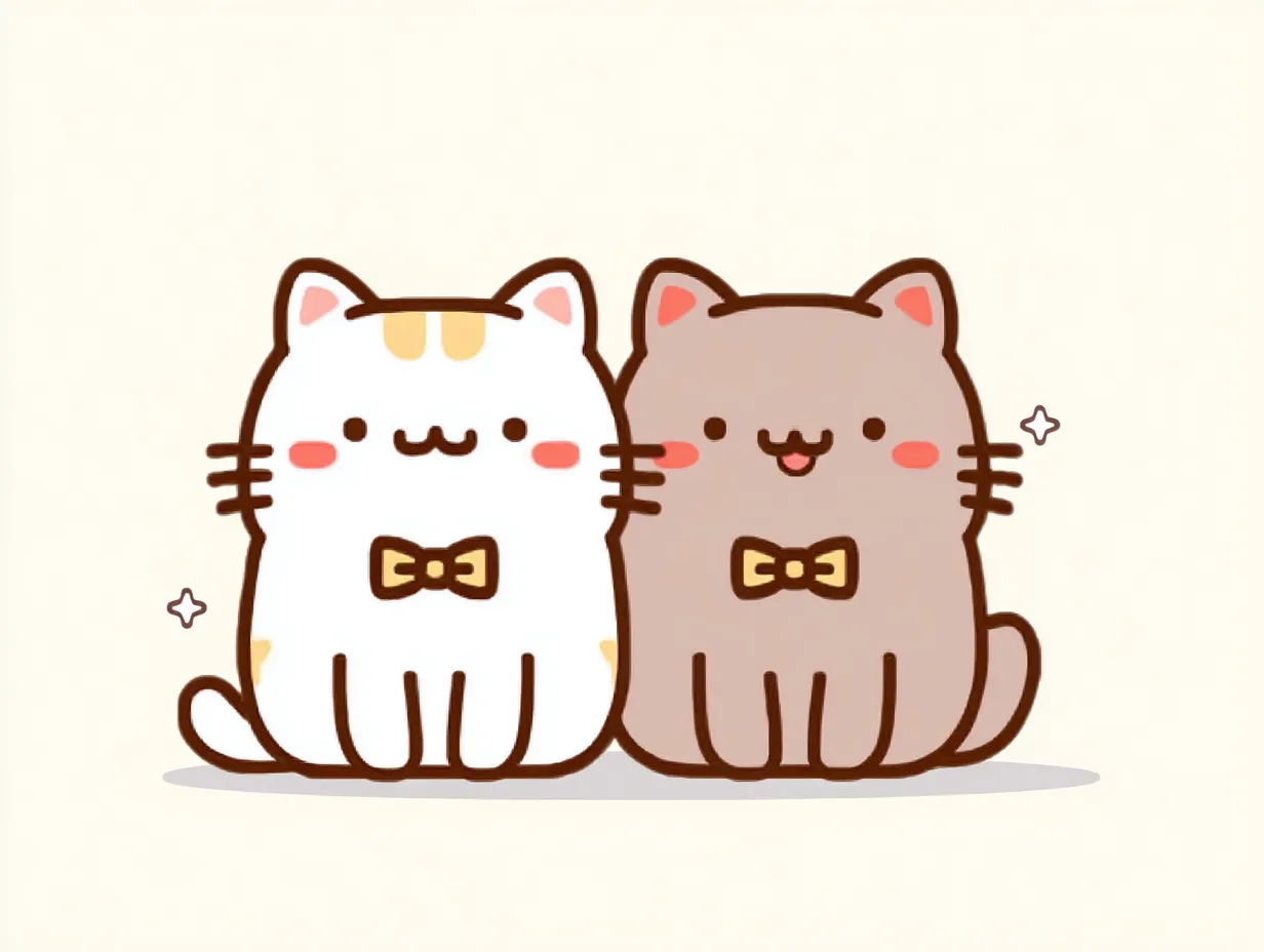 猫ペア画 リボンでおそろいのねこたち｜太めの線と丸みのあるシルエットで、明るいトーンの猫ペアが並ぶ構成。おそろいのリボンとほほえんだ表情がかわいらしく、猫ペア画らしい素直な幸福感がにじみ出ています。