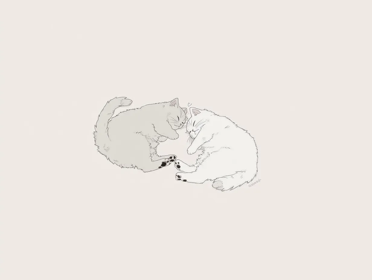 猫ペア画 ハートを描くねこのねぞう｜白とグレーの猫がゆるやかな線で丸く寝そべり、対称に配置された構図でハート型の輪郭をつくっています。無駄をそぎ落とした線と広い余白が、猫ペア画らしい優雅さを演出しています。