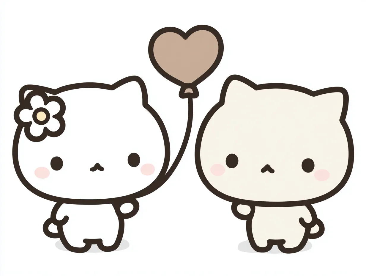 猫ペア画 ハートをつなぐミニねこペア｜ぽってりしたシルエットのふたりのねこが、ハートのバルーンでつながれた姿。極太の輪郭線と控えめなパステル色でまとめられており、猫ペア画としての愛らしさが凝縮されています。