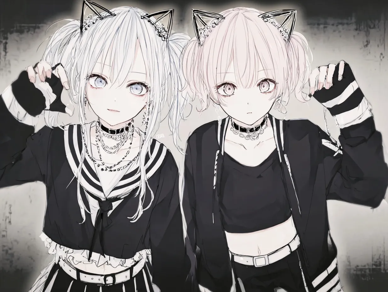 猫ペア画 黒服でそろえた猫耳ツインズ｜猫耳のアクセサリーとセーラー×ストリート系の服装を合わせた個性的なペア。きらびやかな装飾とクールな視線で、猫ペア画にモードな印象を与えるビジュアルに仕上がっています。