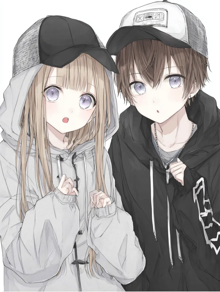 かっこいいペア画・ストリートキャップのふたり｜キャップとパーカーのカジュアルコーデが印象的な男女ペア。細部の描き込みと透明感のある瞳が印象的で、かっこいいペア画としてストリート感とかわいさを両立しています。