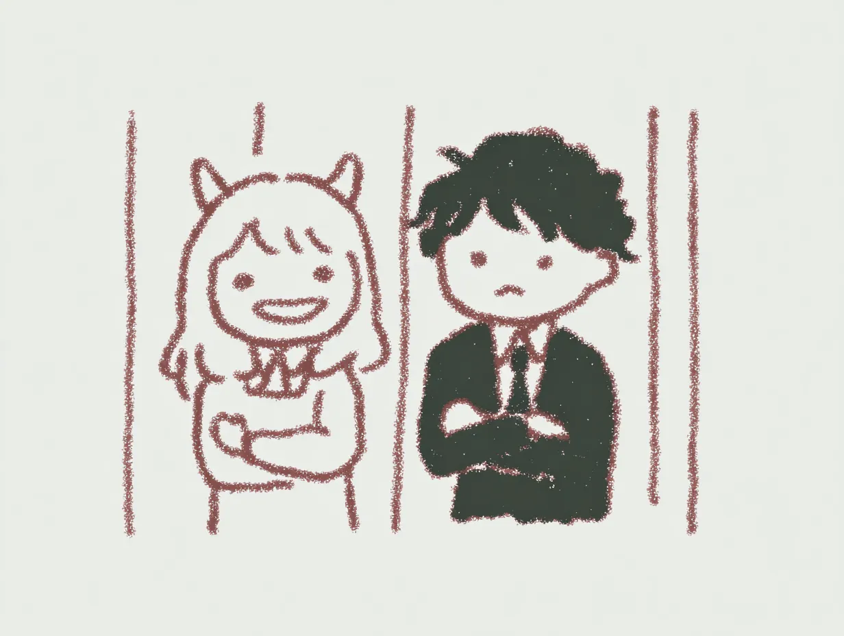面白いペア画・悪魔ガールとまじめくん｜笑顔のツノ女子と無表情スーツ男子という対照的なペア。赤と黒のシンプルな線がユニークさを引き立て、面白いペア画としてキャラクターの温度差がクセになります。