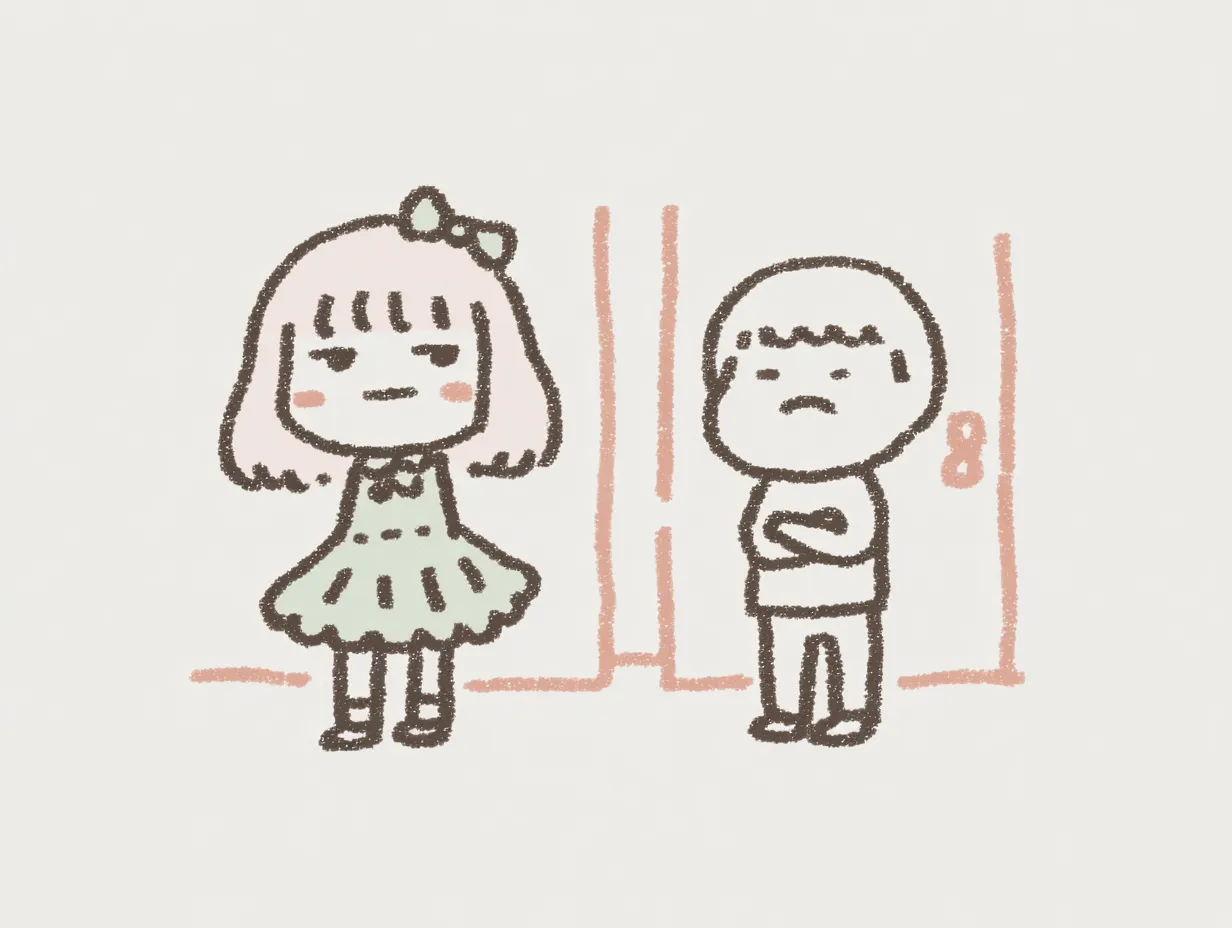 面白いペア画・不機嫌同士の並び立ち｜つんとした表情のリボン女子と腕組み男子。淡いパステルカラーで描かれながらも互いにクールな雰囲気を放ち、面白いペア画としてじわじわ笑える構図です。