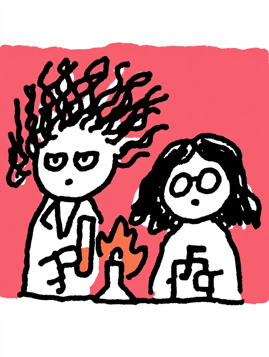 面白いペア画・爆発実験の天才と助手｜髪が逆立つほどの実験を成功させた（？）左の人物と、やや戸惑い気味の助手風の右の人物。赤い背景と激しい筆致が印象的で、面白いペア画としてカオスな科学の空気を楽しめます。
