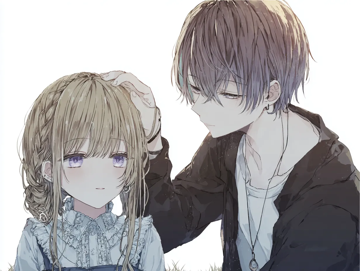 カップルペア画のそっと頭をなでる仕草｜繊細な線と淡いグレーの陰影が特徴的な絵柄で、感情の深さを静かに描いています。頭をなでる動作が印象的で、カップルペア画として思いやりのある優しい雰囲気に仕上がっています。