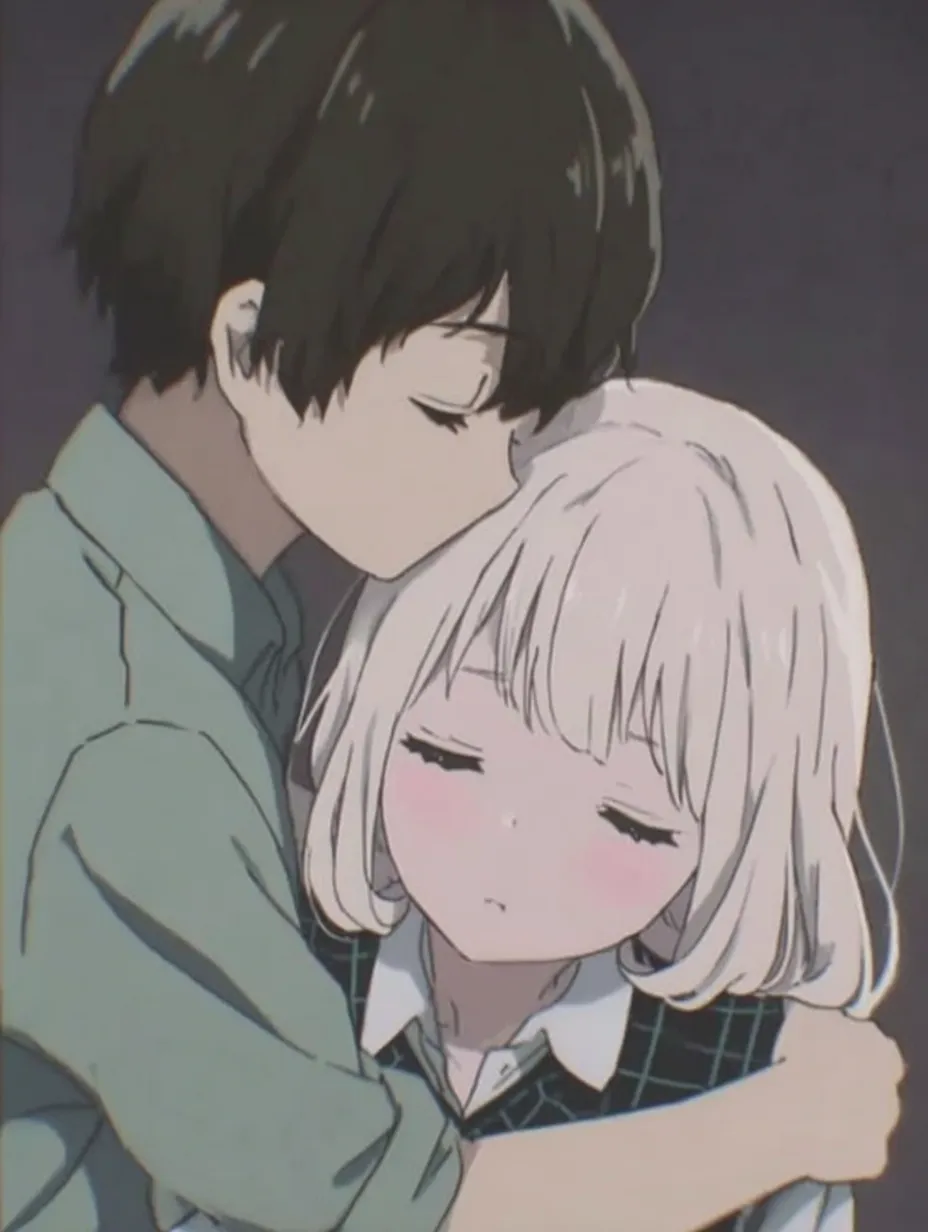 恋人ペア画の優しい額キス｜やわらかな光と繊細な色使いが印象的な一枚。そっと額にキスをする描写から深い信頼が伝わり、恋人ペア画らしい静かな愛情が滲み出ています。