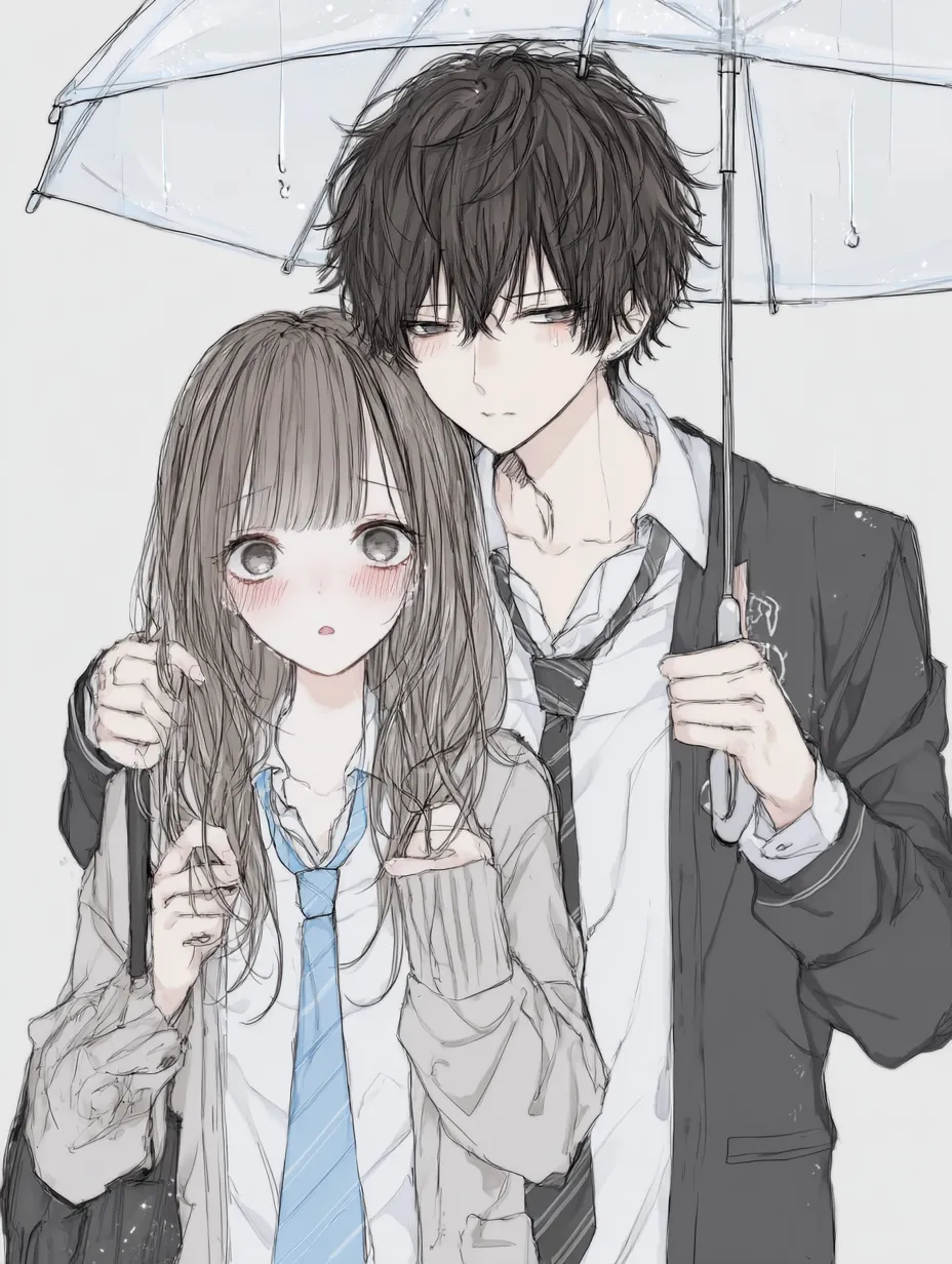恋人ペア画の制服と雨傘のふたり｜雨に濡れた髪や制服のディテールが丁寧に描かれた透明感のある構成。傘の下で寄り添う姿が印象的で、恋人ペア画にぴったりの切なさと温もりを含んだ情景です。